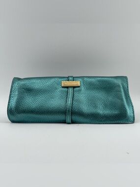 Burberry Teal Metallic Leather Clutch with Gold Plaque